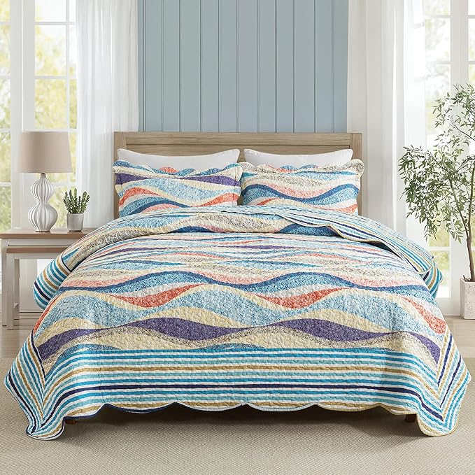 HoneiLife Qversized Queen Quilt - 106"x106" Coastal Quilt Sets, Beach Quilt 3-Piece, Nautical Bedspreads Ocean Coverlets, Lightweight Bed Cover, Summer Quilts