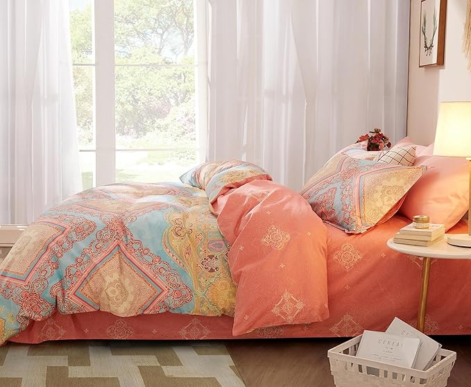 SAPHREAS Boho Duvet Cover Set Queen Size 3pcs Pink Bohemian Comforter Cover Set Blue 1 Duvet Cover 2 Pillow Shams