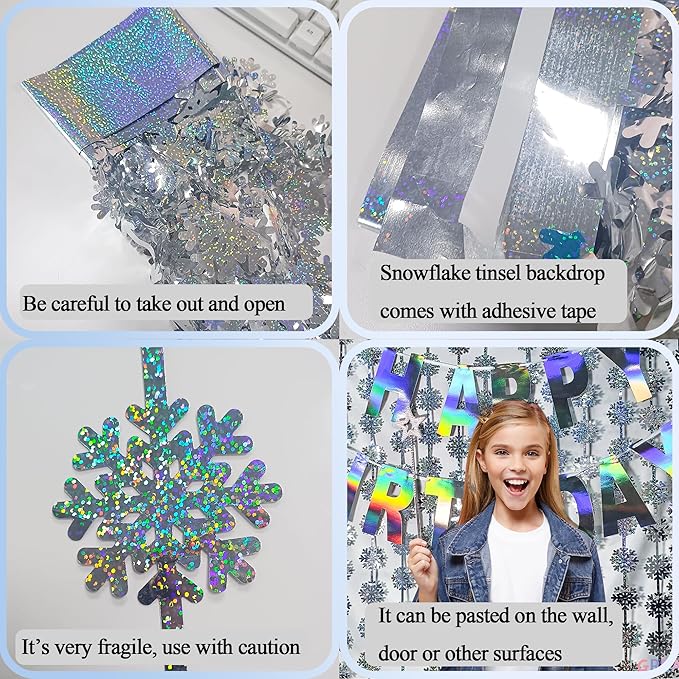 Silver Snowflake Fringe Curtain - GREATRIL Winter Onederland Streamers Backdrop with Sparkling Snowflake for Christmas Birthdays Party Decoration -3.2ft x 6.5ft - 2 Pack