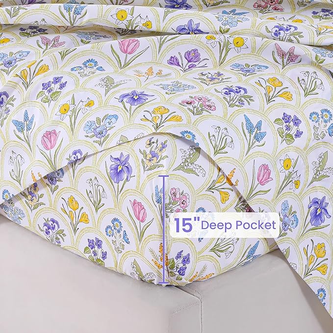 Softan Floral Twin Sheet Set, 3-Piece Microfiber Printed Fitted Sheet with 15" Deep Pockets & Non-Slip Straps, Multi Flower Patterned Single Bedding Sheets & Pillowcase Set