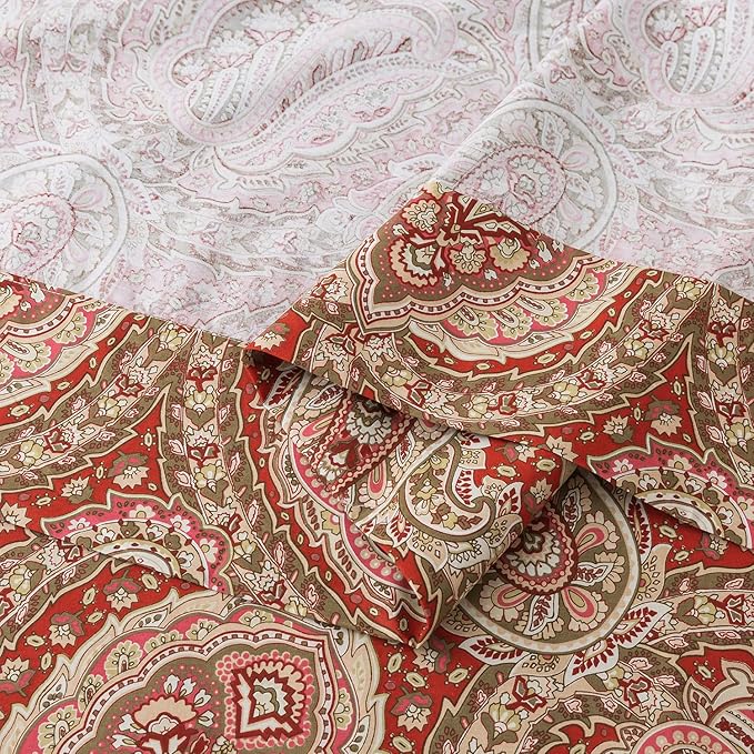 Zusbest California King Paisley Sheets 100% Cotton Burgundy Red Patterned Bed Sheet Set Luxury Soft Breathable Crispy Cooling Percale Printed Sheets 17.5 Inches Deep Pocket Boho Sheets, 4 Pieces