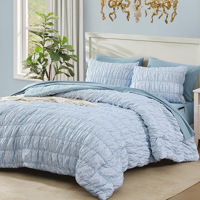 Queen Comforter Set - 7 Pieces Blue Classic Puff Floral Bedding Sets for All Seasons, Shabby Chic Farmhouse Bed in a Bag Queen with Wildflowers Fluffy Comforter, Sheets, Pillowcases & Shams
