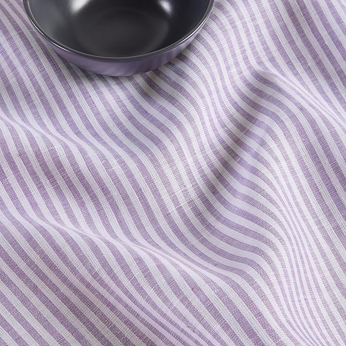 Solino Home Linen Striped Table Runner 60 Inches - Narrow Stripe, 100% Pure Linen Lavender and White Small Table Runner 14 x 60 Inch Ideal for Dresser and Coffee Tables - Valentines, Spring, Easter