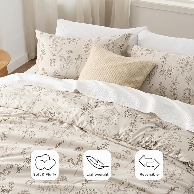 Bedsure Full Comforter Set - Beige Bed Set, 3 Pieces Cute Floral Bedding, 1 Soft Botanical Flowers Comforter and 2 Pillow Shams