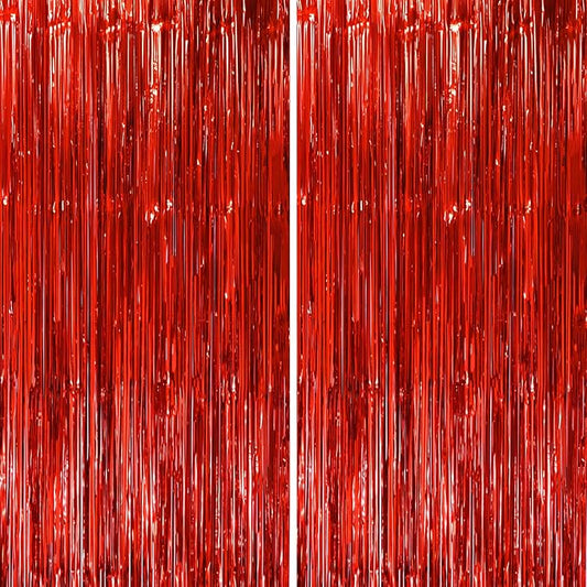 2 Pack Red Tinsel Foil Fringe Curtains, Red Party Decorations, Metallic Tinsel Party Streamers Backdrop for Birthday Red Carpet Christmas Graduation Carnival Valentine's Party Decorations