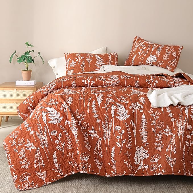 JANZAA Twin Quilt Terracotta Quilt Bed Spread Boho Quilt with Floral Pattern Microfiber Quilts Set 2 Pieces Lightweight Comforter Reversible Bedding Set,1Quilt 66x90 inches,1 Pillowcase