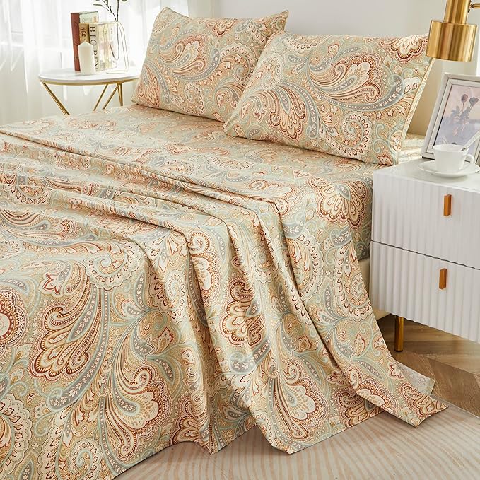 Brandream Paisley Bedding Gold Classy Regal Themed Boho Bed Sheet Set Luxury Bedding Collections 800 Thread Count 100% Egyptian Cotton Deep Pocket, 4 Piece-Queen Size