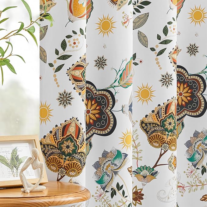 White Vintage Fancy Floral Patterned Blackout Curtains 63 Inch Length Shabby Chic Farmhouse Curtains for Bedroom Living Room Darkening Mid Century Colorful Grommet Black Out Drapes 2 Panels 52x63