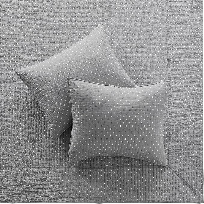 Levtex Home Cross Stitch Reversible Queen Bedspread Set (104x106in) with 2 Pillow Shams (26x20in) - Stitch Texture - Grey and White - Cotton Queen Size Bedspread Set - Lightweight, Soft, Pre-Washed