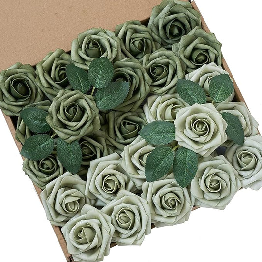 Artificial Flowers, 100pcs Realistic Rose for DIY Wedding Bouquets Centerpieces Arrangements, Sage Green Foam Flowers with Stem Bridal Shower Party Home Decorations
