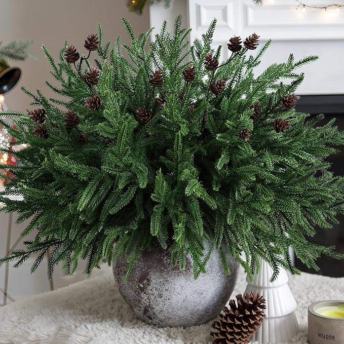 Artificial Christmas Norfolk Pine Stems Branches for Vases,12 Bundles Fake Pine Stems with 2 PCS Small Pinecones Branches Faux Evergreen Real Touch Greenery for Xmas Holiday Winter Table Indoor Decor