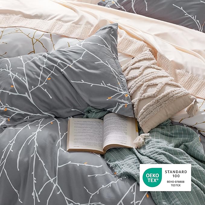 Bedsure Duvet Cover Twin Size - Reversible Botanical Duvet Cover Set with Zipper Closure, 2 Pieces Grey Bedding Set with 8 Corner Ties and 1 Pillow Sham 20"x26"