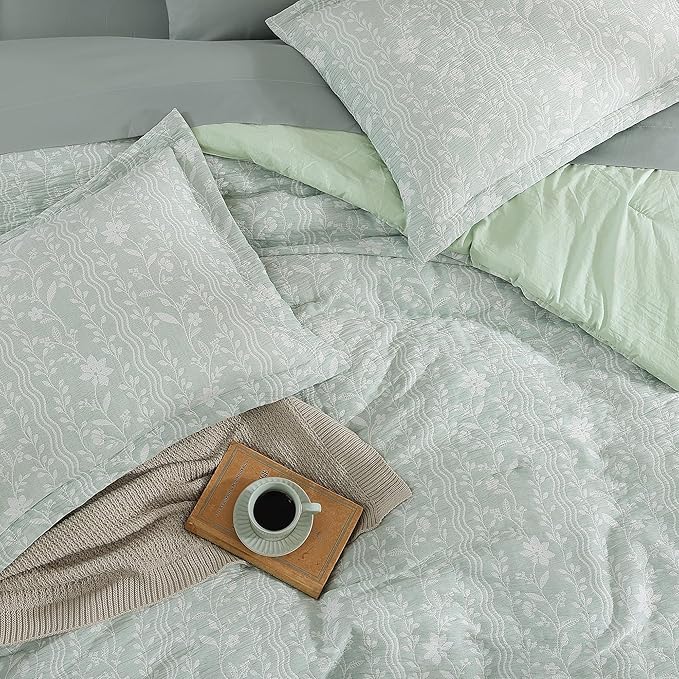 Full Comforter Set -7 Pieces Green Floral Comforter Set for All Seasons, Bed in a Bag Full with Botanical Flowers Comforter, Sheets, Pillowcases & Shams