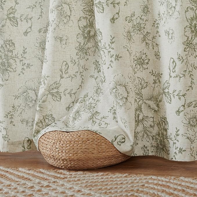 jinachan Pinch Pleated Curtains Floral Linen Blend Curtains for Living Room 63 Inch Length Christmas Green Peony Flower Printed Curtain Rod Pocket Back Tab Farmhouse Drapes with Hooks Set 2 Panels