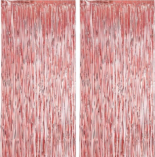 2 Pack Rose Gold Foil Fringe Backdrop Curtains, Tinsel Streamers Birthday Party Decorations, Fringe Backdrop for Graduation, Baby Shower, Gender Reveal, Disco Party