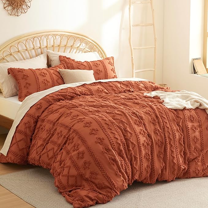 Bedsure Boho Duvet Cover King Size, Soft & Comfortable Elegant Design Boho Bedding for Decoration, Machine Washable Comforter Cover for All Seasons,Includes 1 Duvet Cover & 2 Pillow Shams,Terracotta