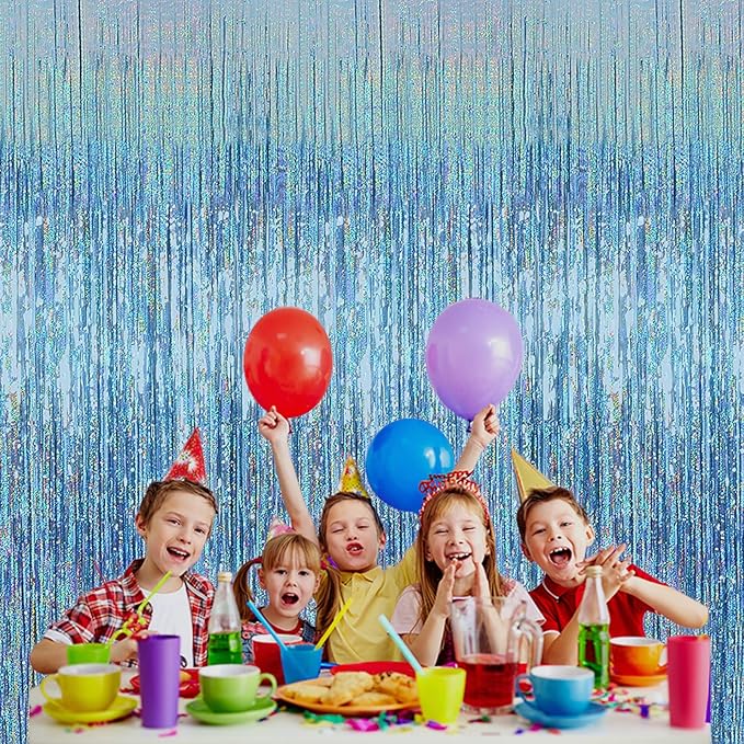 4p Pack Sky Blue Tinsel Foil Fringe Curtain Backdrop, 3.28Ft x 8.2Ft Metallic Streamers for Photo Booth Props Wedding Bridal Shower Bachelorette Birthday Christmas Party Decoration