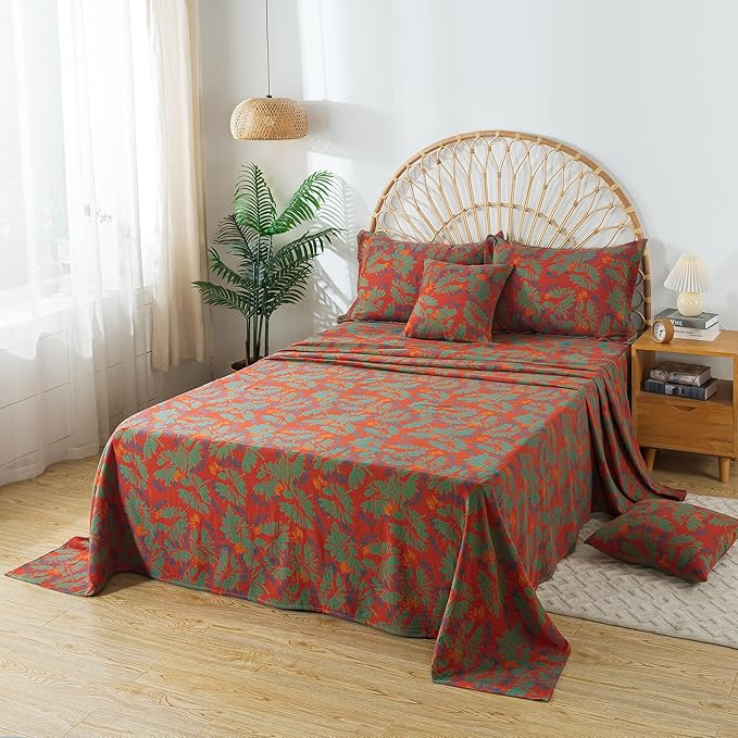 FADFAY Floral Sheets Set King Vintage Red Green Floral Bedding Shabby Maple Leaf Farmhouse Bedding Super Soft Washed Double -Layer Muslin Sheets 100% Cotton Deep Pocket Fitted Sheet 4Pcs, King Size