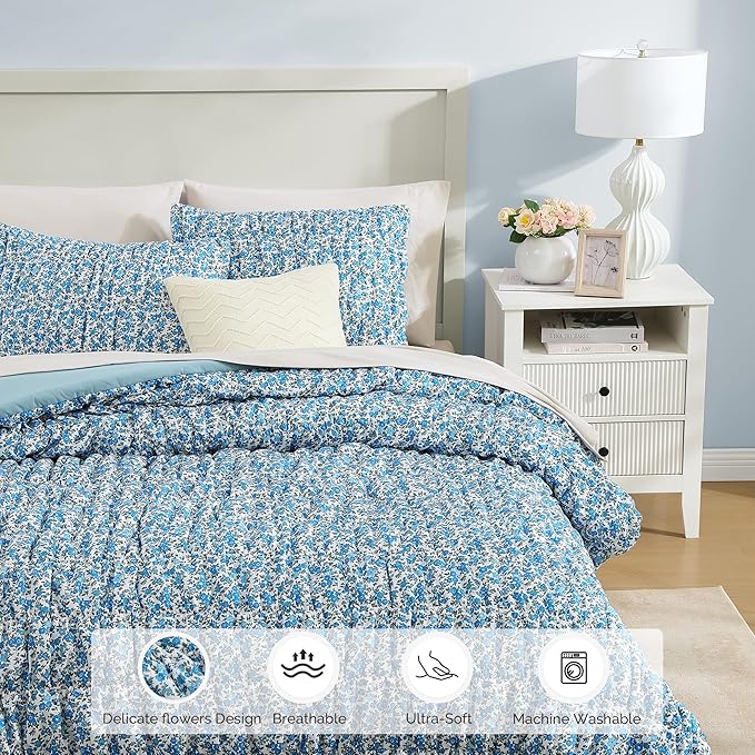 King Comforter Set - 7 Pieces Blue Classic Puff Floral Bedding Sets for All Seasons, Shabby Chic Farmhouse Bed in a Bag King with Wildflowers Fluffy Comforter, Sheets, Pillowcases & Shams