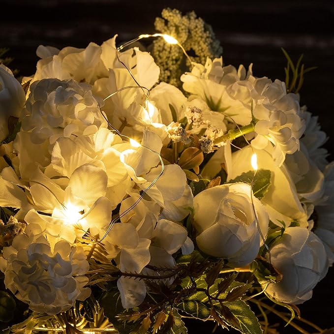 Aitificial LED White Rose Flowers with Glass Vase, Flower Arrangement for Table Centerpiece, Home Office Wedding Decoration