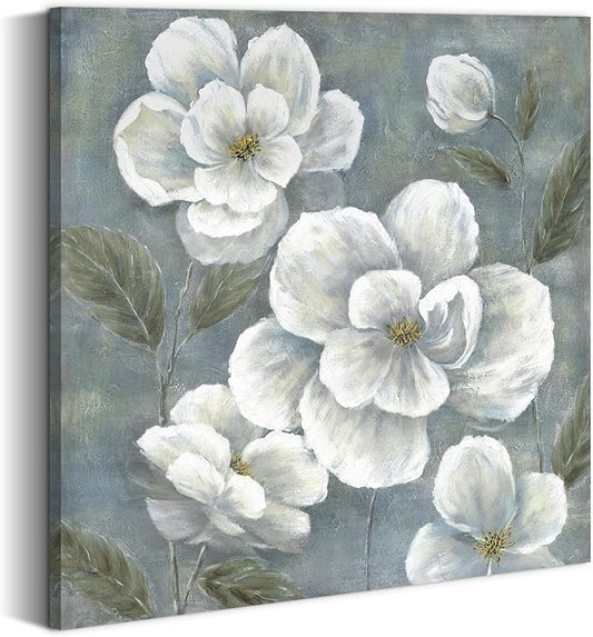 summer melody White Floral Canvas Wall Art - Vintage Blooming Gray Flowers Painting Abstract Botanical Picture Modern Prints Artwork for Bedroom Living Room