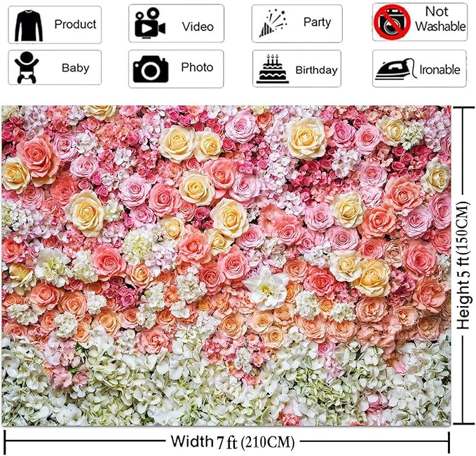 15x10ft Flower Backdrop for Photography Pink Floral Flowers Girls Birthday Baby Shower Mother's Day Wedding Photo Background Cake Table Decoration Supplies Studio Props Banner