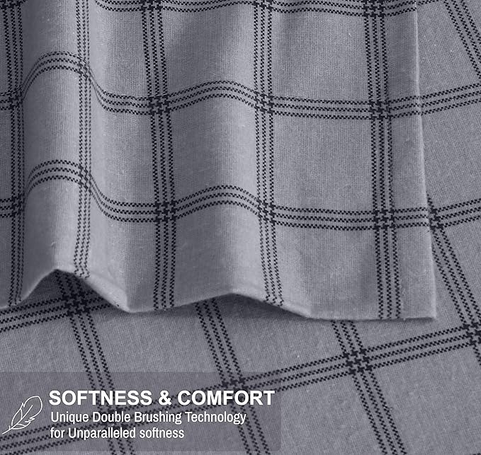 RUVANTI Flannel Sheets Queen Size - 100% Cotton Double Brushed Bed Sheets, Deep Pockets 16 Inches Queen Sheet Set, All Seasons Breathable & Extra Soft - Warm & Cozy, 4 Piece, Open Grid Check
