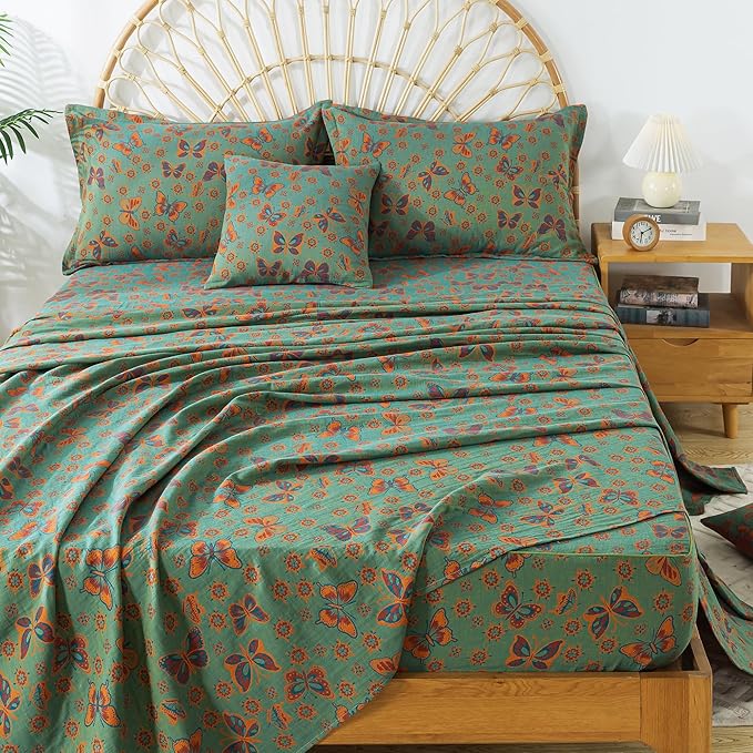FADFAY Butterfly Sheets Set Queen Vintage Green Red Floral Bedding Shabby Farmhouse Bedding Super Soft Washed Double -Layer Muslin Sheets 100% Cotton Deep Pocket Fitted Sheet 4Pcs, Queen Size
