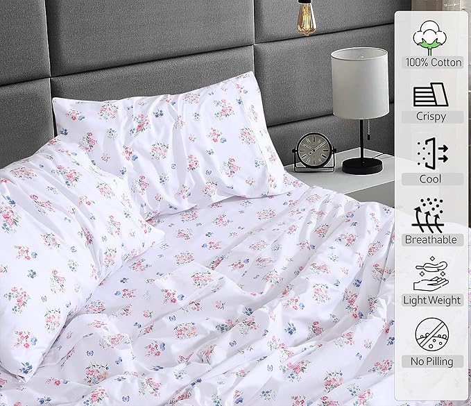 RUVANTI 100% Cotton Twin XL Sheet Sets, 3 Pieces, Soft & Breathable Percale Weave Bedding, Deep Pocket 16", Hotel Standard, Crisp Cool Feel, Durable, Perfect Size Floral Sheets, Funa Flora