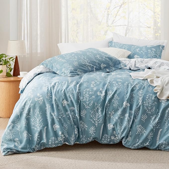 Bedsure California King Comforter Set - Mineral Blue Bed Set, 3 Pieces Cute Floral Bedding, 1 Soft Reversible Botanical Flowers Comforter and 2 Pillow Shams