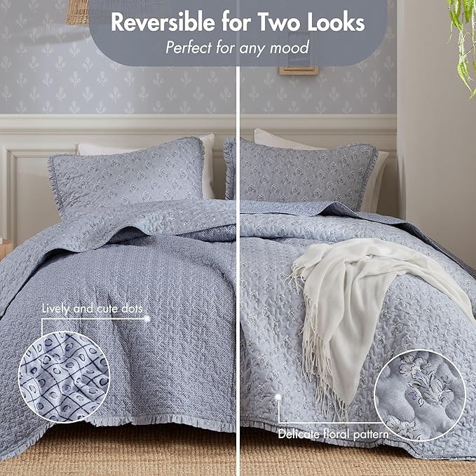 Madison Park Vintage Floral Quilt Set Queen Size, Reversible Bedding & Lightweight Bedspread Set, Traditional Block Print Coverlets with Ruffled Edge, 3-Piece with 2 Shams, Blue