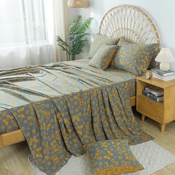 FADFAY Butterfly Sheets Set Queen Vintage Yellow Grey Floral Bedding Shabby Farmhouse Bedding Super Soft Washed Double -Layer Muslin Sheets 100% Cotton Deep Pocket Fitted Sheet 4Pcs, Queen Size