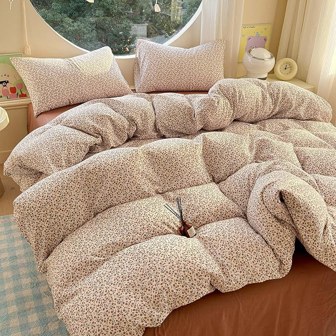 LifeTB Muslin Cotton Duvet Cover Set King Size Vintage Floral Duvet Cover Ultra Soft Breathable Comforter Cover Chic Flower Bedding Set Linen Feel Textured Gauze Comforter Cover with Zipper Closure