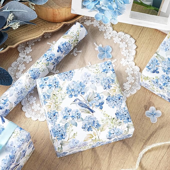 LeZakaa Hydrangea Wrapping Paper Roll, Whimsical Blue Bird Flowers Design for Wedding Bridal Shower Birthday Baby Shower, Kids' Parties, Girls, Boys, Mini Roll 17 in x 16.4 Ft