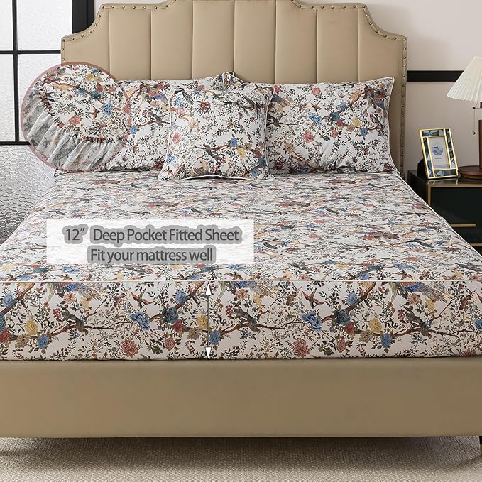 FADFAY Sheets Set Twin XL Botanical Bird Floral Bed Sheets Set Vintage Mocha Mousse Farmhouse Bedding Shabby Branches Bedding 100% Egyptian Cotton Breathable Soft Deep Pocket 4Pcs, Twin XL Size