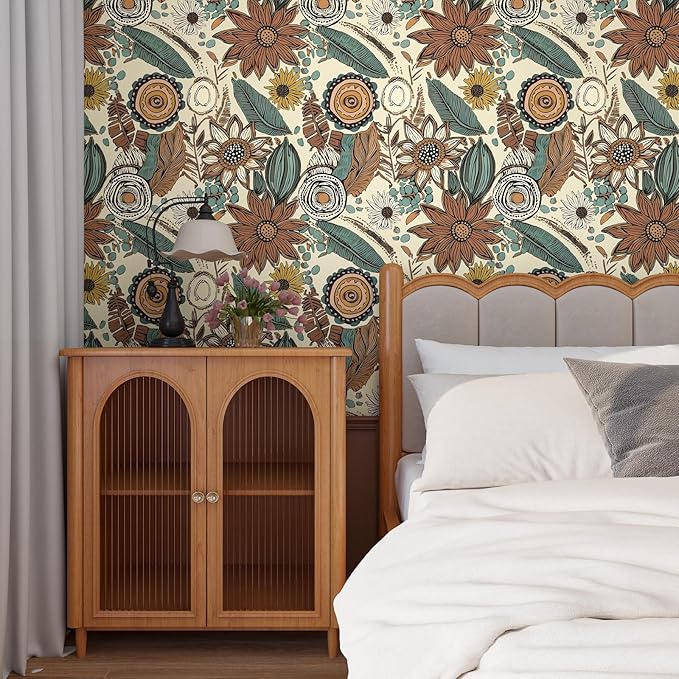 Boho Wallpaper Peel and Stick,Vintage Floral Contact Paper 17.5" x 118", Retro Botanical Flowers Wall Paper Self Adhesive Removable Waterproof for Walls Shelves Cabinet Table (Beige,Brown, Blue)