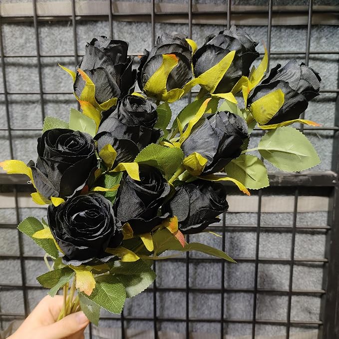 Artificial Roses 10 Pcs - Lifelike Single Stem Fake Roses with Natural Petal Texture,Fade-Resistant Silk Flowers for Wedding Decor,Home Vase Arrangements,Party Centerpieces(10, Black)