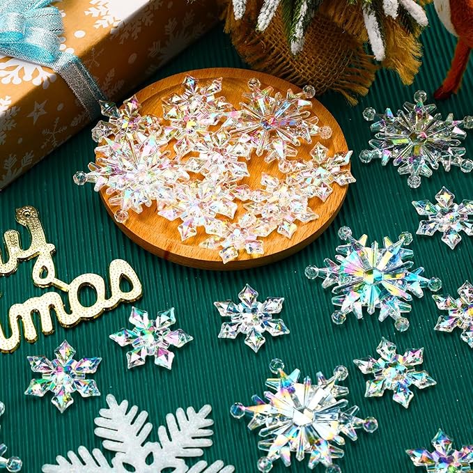 60Pcs Christmas Acrylic Snowflake Ornaments Winter 3D Translucent Snowflake Hanging Ornaments for Tree Crystal Iridescent Pendants with Rope for Holiday Party DIY Decor (Laser)