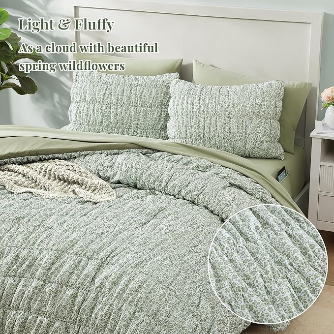 King Comforter Set-7 Pieces Sage Green Classic Puff Floral Bedding Sets for All Seasons,Shabby Chic Farmhouse Bed in a Bag King with Wildflowers Fluffy Comforter,Sheets, Pillowcases & Shams