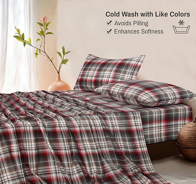 RUVANTI Flannel Sheets Twin Size - 100% Cotton Double Brushed Twin Sheets Set, Deep Pockets 16 Inches, All Seasons Breathable & Extra Soft Bed Sheets, Warm & Cozy, 3 Piece, Halloween Check