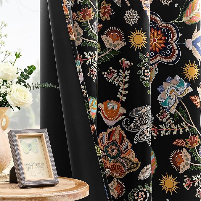 XiDi Black Dark Floral Curtains 102 Inches Long 2 Panels 100% Blackout Patterned Curtains Thermal Insulated Luxury Vintage Flower Botanical Printed Drapes Grommet for Living Room Bedroom Decor 52x102
