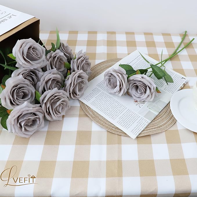 12pcs Artificial Rose Flower Grey Rose Flowers with Long Stem Silk Roses Bouquet for Wedding Bridal Shower Party Home Decoration