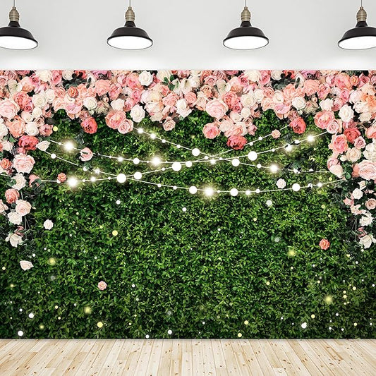 Riyidecor Pink Rose Green Leaves Backdrop Polyester Fabric Rustic Flower Floral Blossom Botanical Plant Spring Nature Wedding 8Wx6H Feet Women Girls Photography Background Birthday Photo Studio Shoot