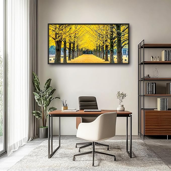 Framed Large Pictures Wall Art for Living Room, Yellow Ginkgo Trees Oversized Wall Decor Nature Scenery Landscape Canvas Painting Modern Extra Large Framed Artwork for Bedroom Office 60"x30"
