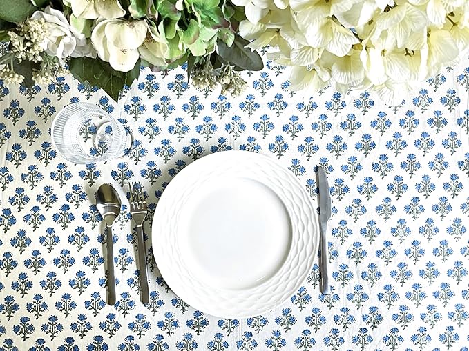 ATOSII Gulbahar Blue 100% Cotton Fall Rectangle Tablecloth, Handblock Print Floral Table Cloth for Kitchen Dining Linen I Thanksgiving Christmas Weddings Outdoors I 72 X 140 Inches I 12 Seater