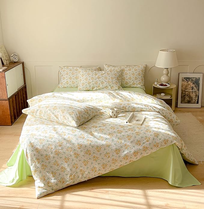 EAVD Yellow Floral Duvet Cover King Size Soft 100% Cotton Soft Botanical Floral Cottagecore Bedding Set with 2 Pillowcases Aesthetic Floral Comforter Set with Zipper Closure