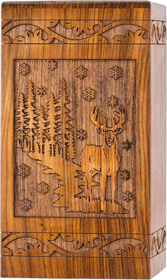 INTAJ Handcarved Rosewood Deer Urn for Human Ashes Adult Male Female - 115 lbs Capacity Forest Scene Wooden Cremation Urn Box Suitable for Burial Funeral Decorative Wildlife Memorial Casket