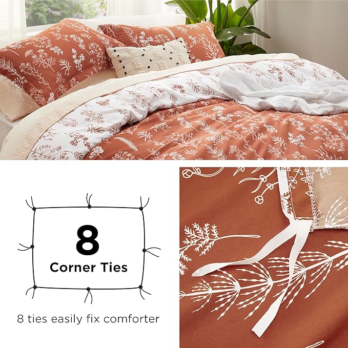 Bedsure Twin/Twin XL Duvet Cover - Reversible Terracotta Duvet Cover Set with Zipper Closure, 2 Pieces Cute Floral Botanical Pattern Bedding Set with 8 Corner Ties and 1 Pillow Sham