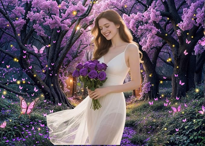 5X3ft Enchanted Forest Backdrop Fairy Tale Purple Wonderland Garden Tree House Floral Butterfly Photography Background for Kids Girl Baby Shower Birthday Party Decoration Banner Booth Props