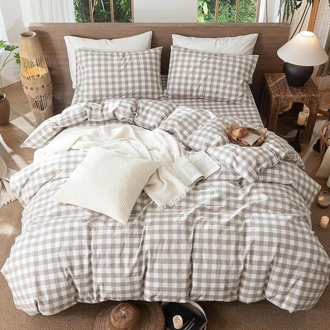 MooMee Gingham Duvet Cover Set 100% Washed Cotton Linen Like Textured Breathable Durable Soft Comfy Modern Checkered Design (Buffalo Plaid Tannish Linen Grey, Queen 90"x90")